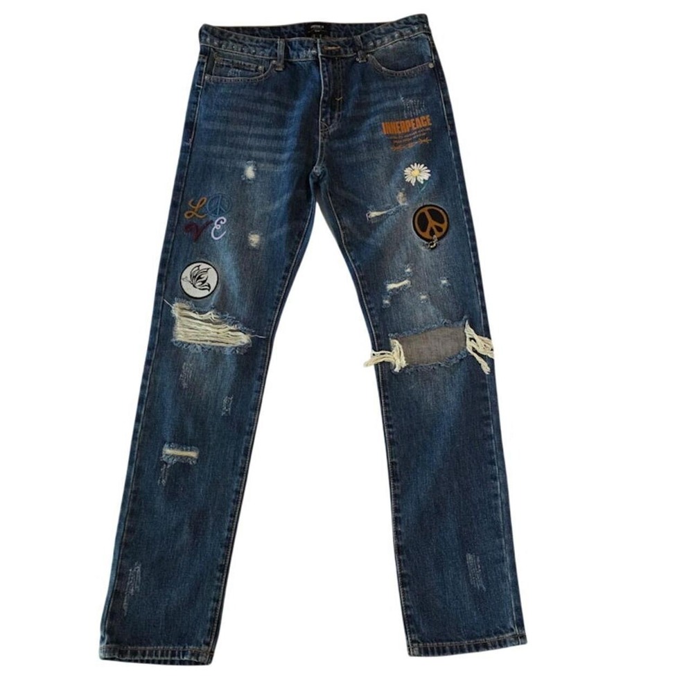 Men's Forever 21 Slim-Fit Mid-Rise Distressed Jeans 32 Slim Patches Graphics New